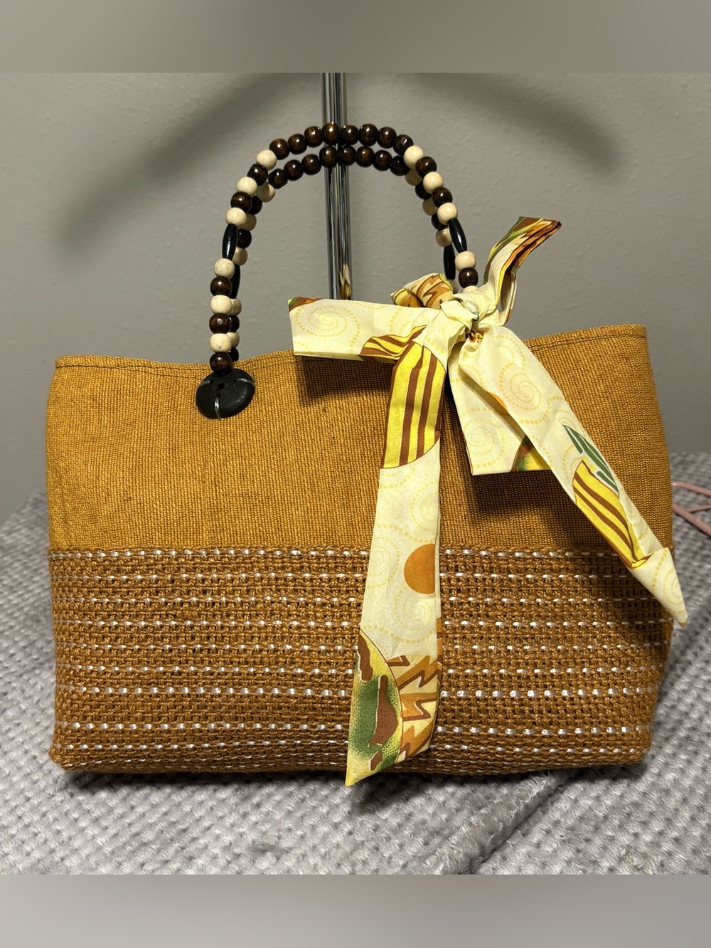 Woven Mustard Tote Bag with Beaded Handles and Scarf Accent